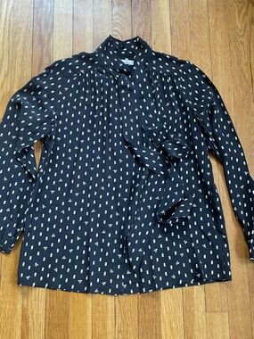 Steven Alan 100% silk Black Geometric Print Tie Neck Blouse Long Sleeve Top M